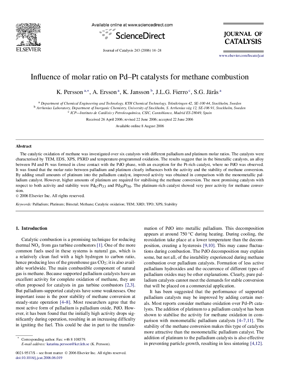 Influence of molar ratio on Pd–Pt catalysts for methane combustion