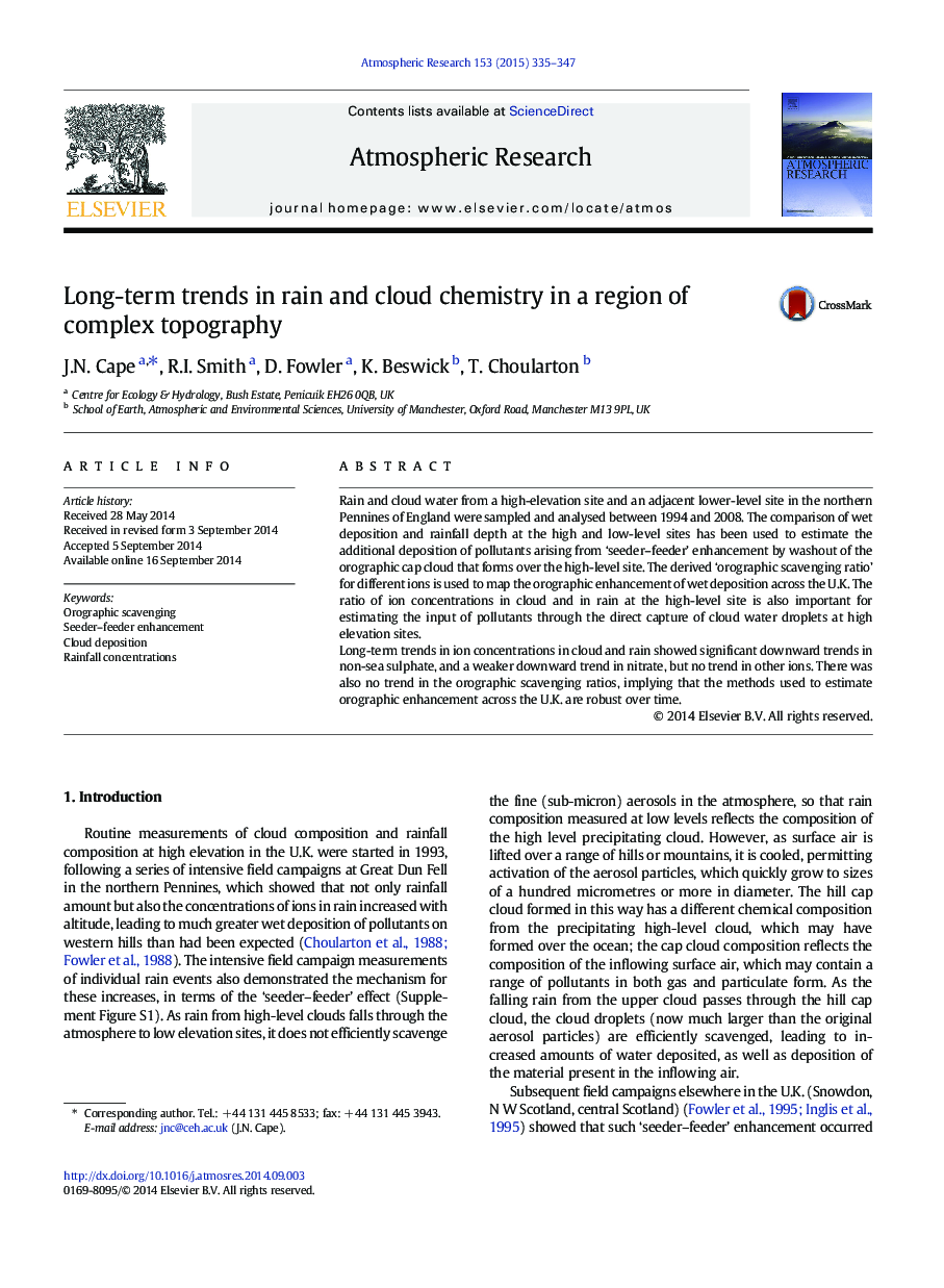 Long-term trends in rain and cloud chemistry in a region of complex topography