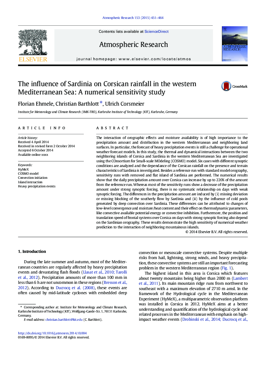 The influence of Sardinia on Corsican rainfall in the western Mediterranean Sea: A numerical sensitivity study