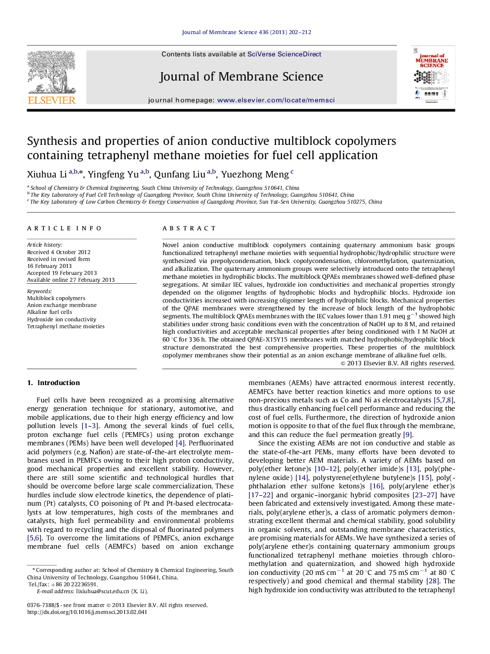 Synthesis and properties of anion conductive multiblock copolymers containing tetraphenyl methane moieties for fuel cell application