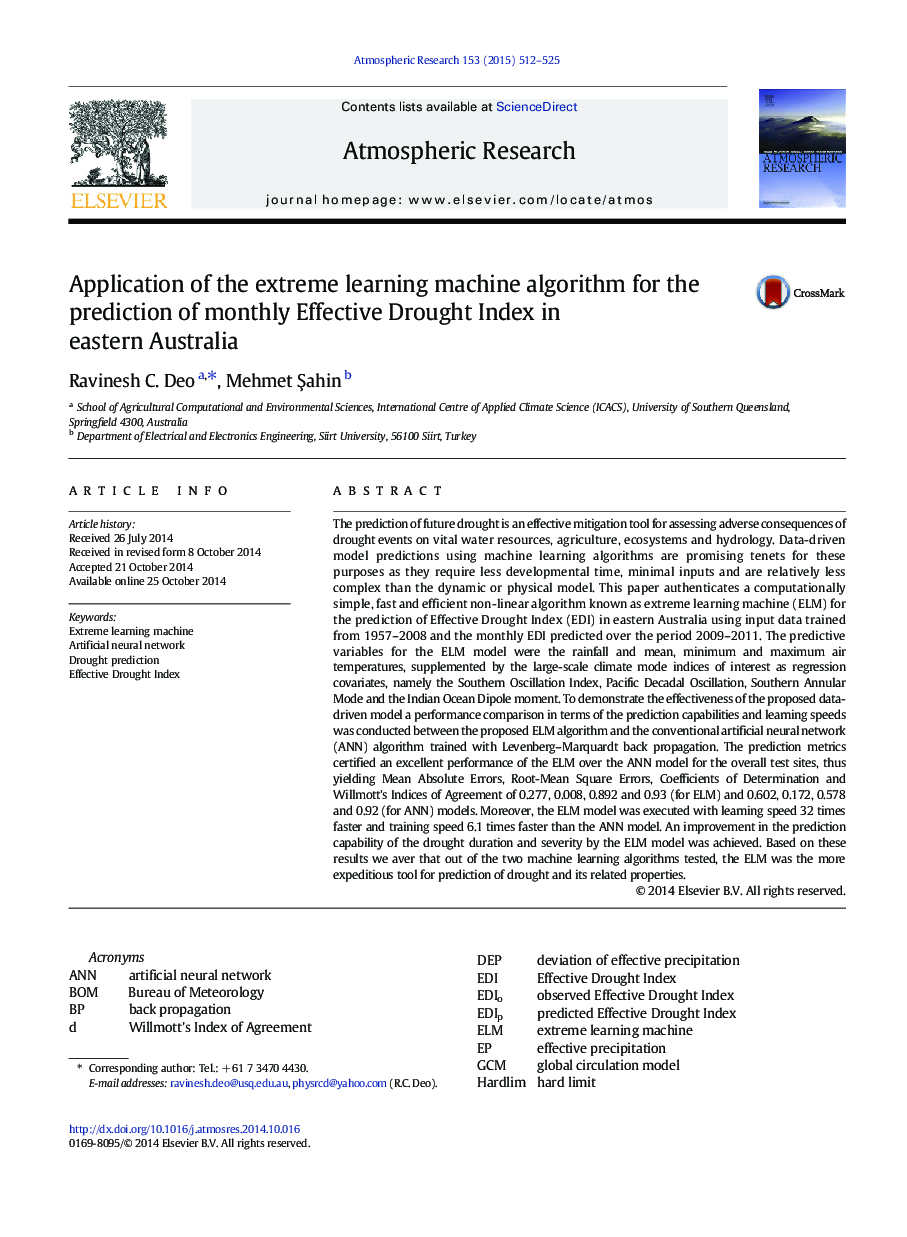 Application of the extreme learning machine algorithm for the prediction of monthly Effective Drought Index in eastern Australia