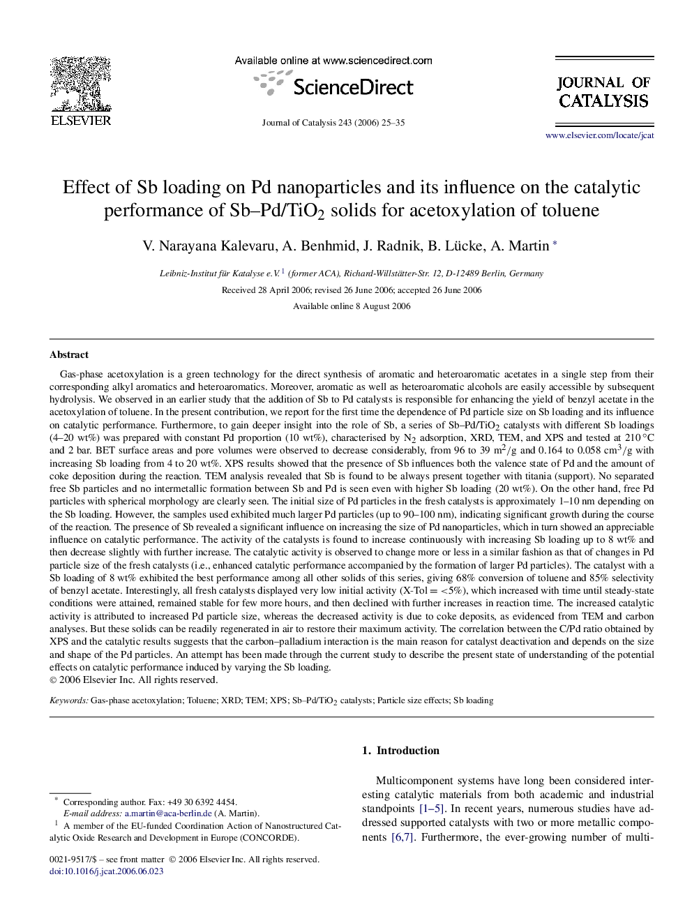 Effect of Sb loading on Pd nanoparticles and its influence on the catalytic performance of Sb–Pd/TiO2 solids for acetoxylation of toluene