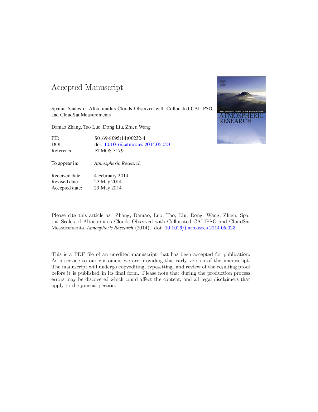 عکس صفحه اول مقاله: Spatial scales of altocumulus clouds observed with collocated CALIPSO and CloudSat measurements Spatial scales of altocumulus clouds observed with collocated CALIPSO and CloudSat measurements