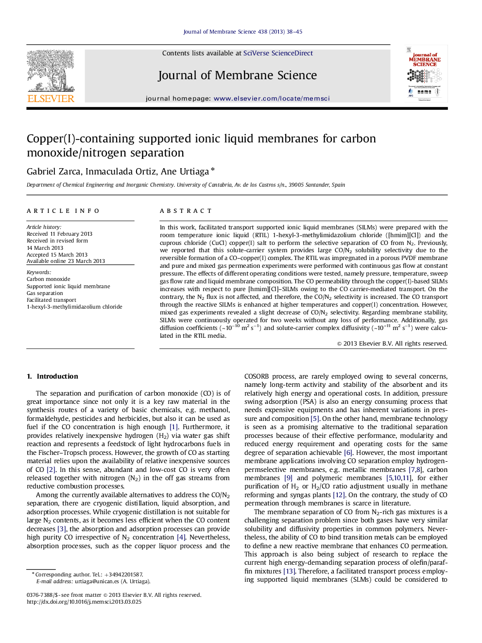 Copper(I)-containing supported ionic liquid membranes for carbon monoxide/nitrogen separation