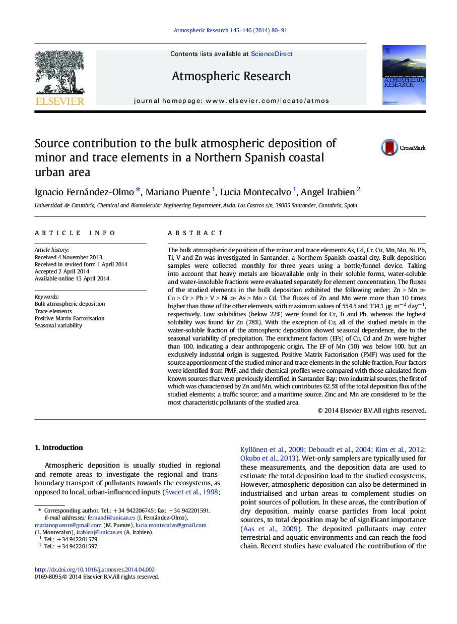 Source contribution to the bulk atmospheric deposition of minor and trace elements in a Northern Spanish coastal urban area