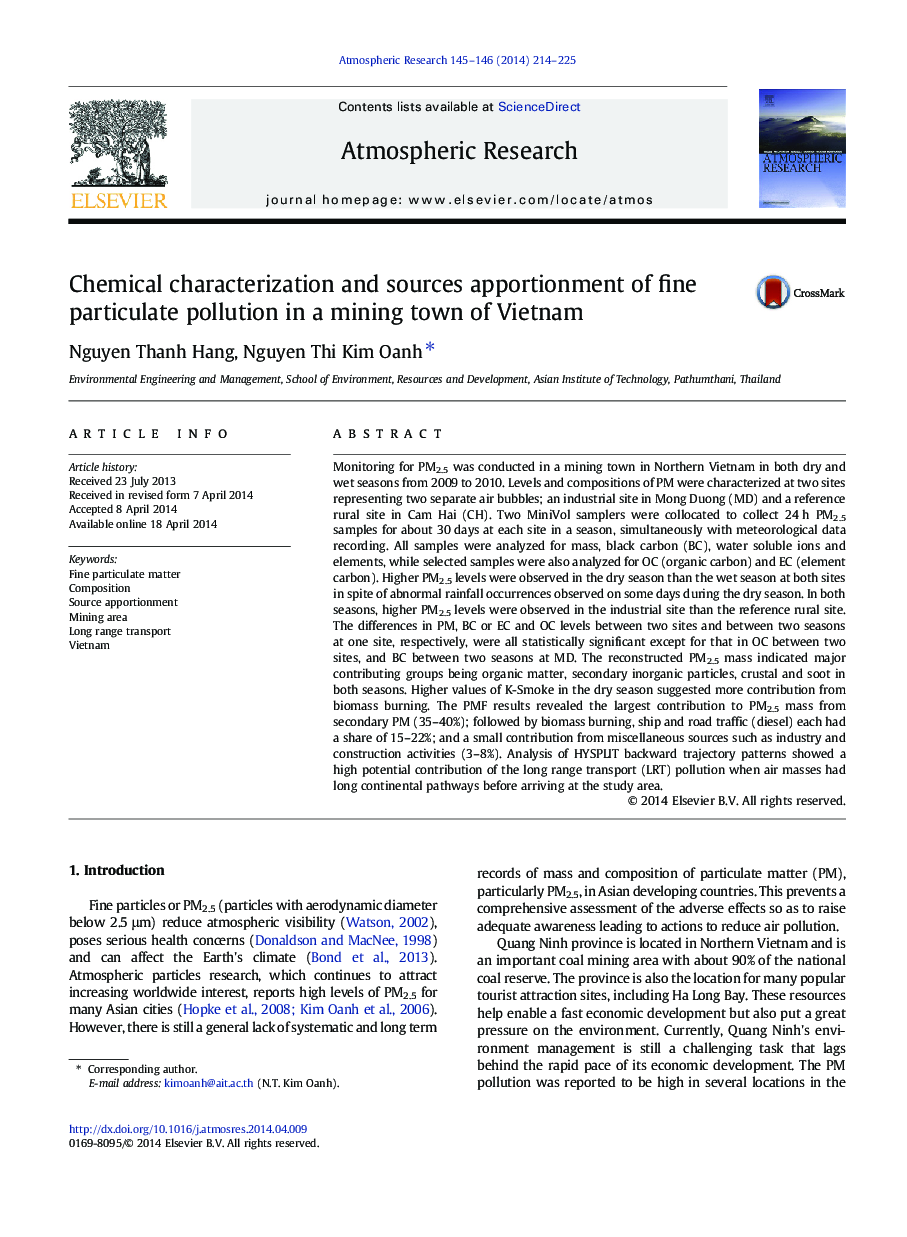 Chemical characterization and sources apportionment of fine particulate pollution in a mining town of Vietnam