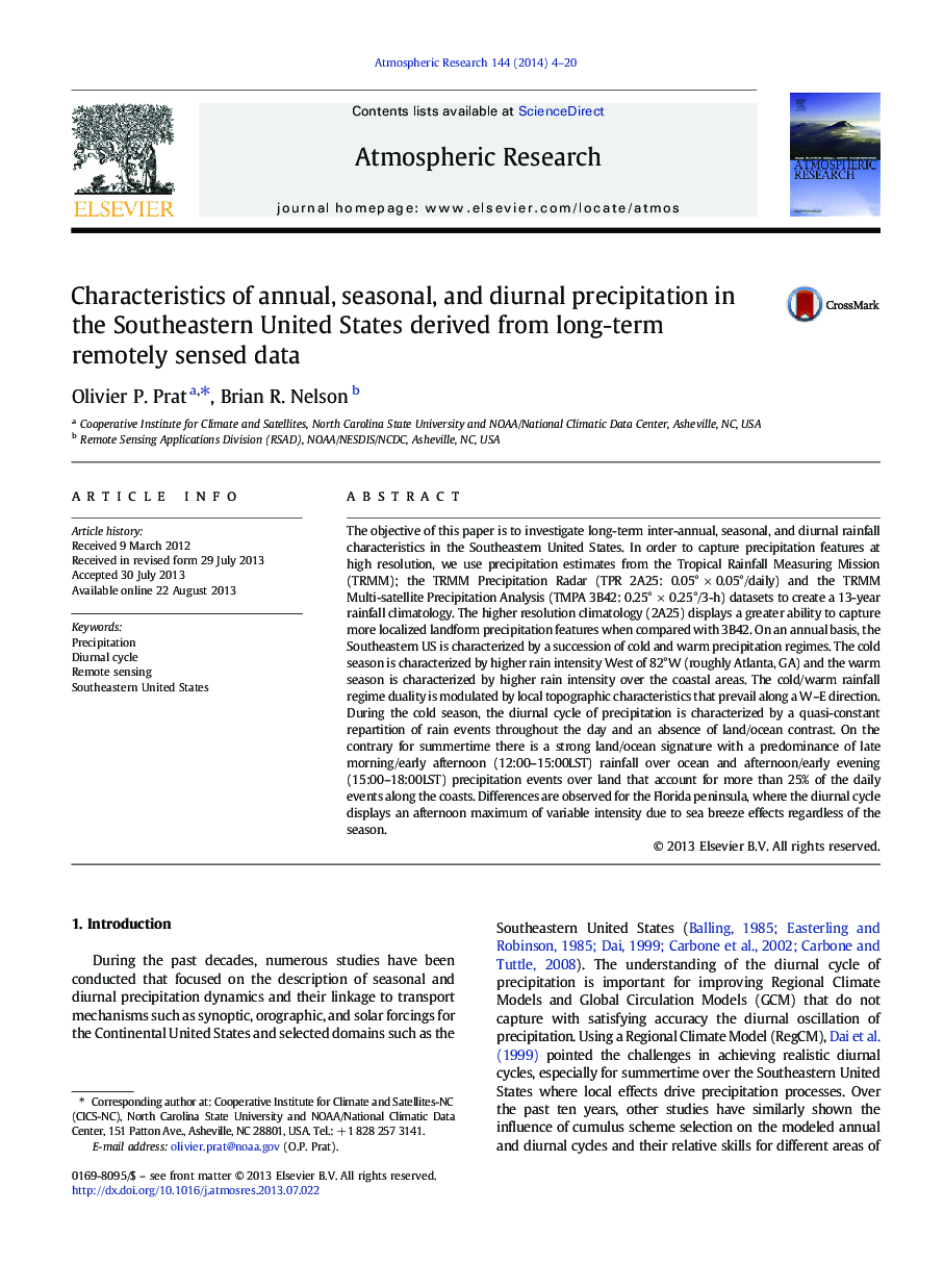 Characteristics of annual, seasonal, and diurnal precipitation in the Southeastern United States derived from long-term remotely sensed data