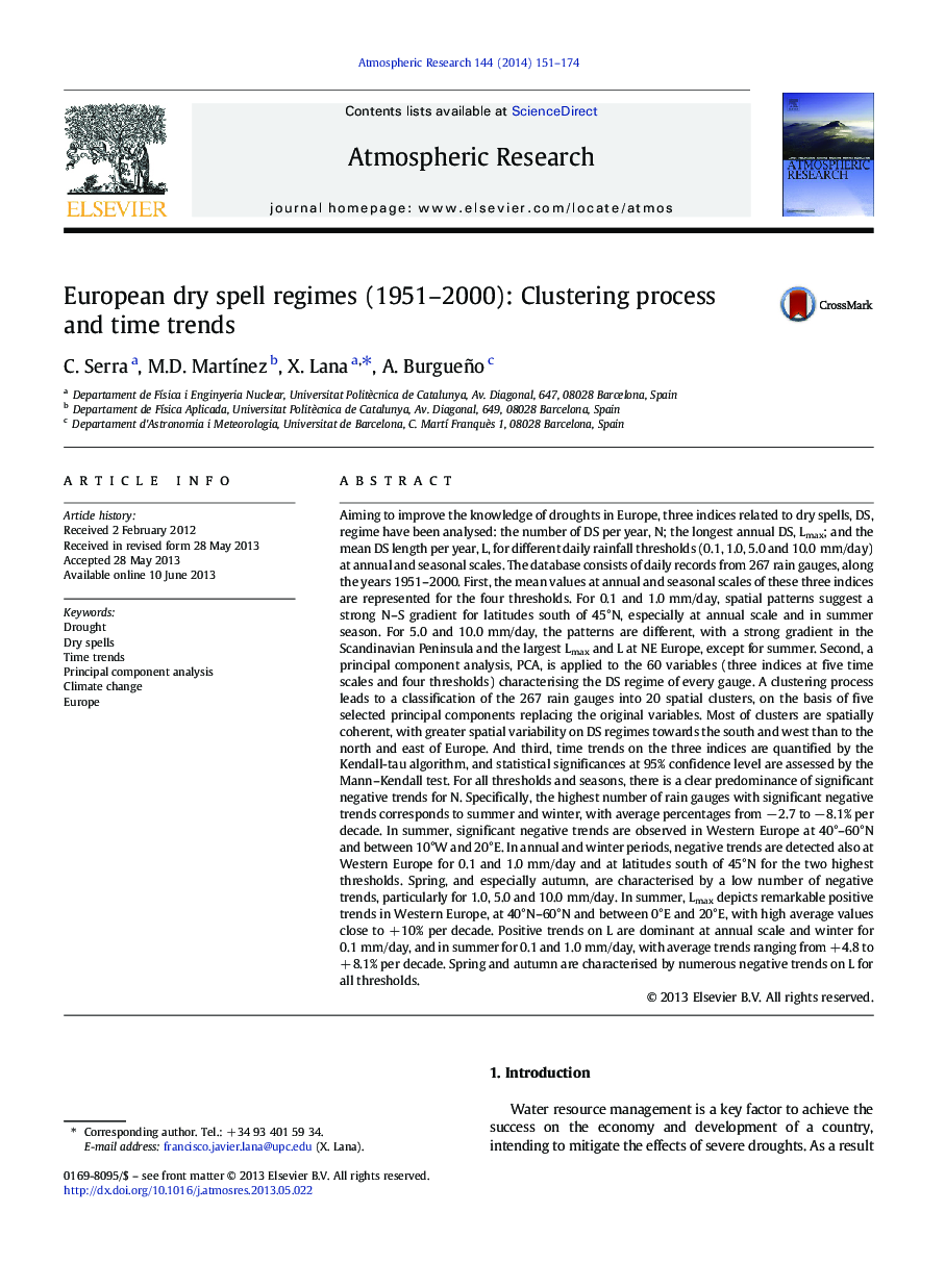 European dry spell regimes (1951-2000): Clustering process and time trends