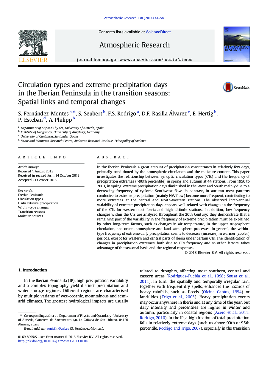 Circulation types and extreme precipitation days in the Iberian Peninsula in the transition seasons: Spatial links and temporal changes