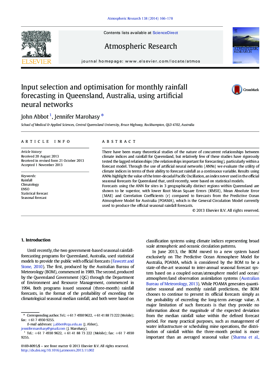 Input selection and optimisation for monthly rainfall forecasting in Queensland, Australia, using artificial neural networks