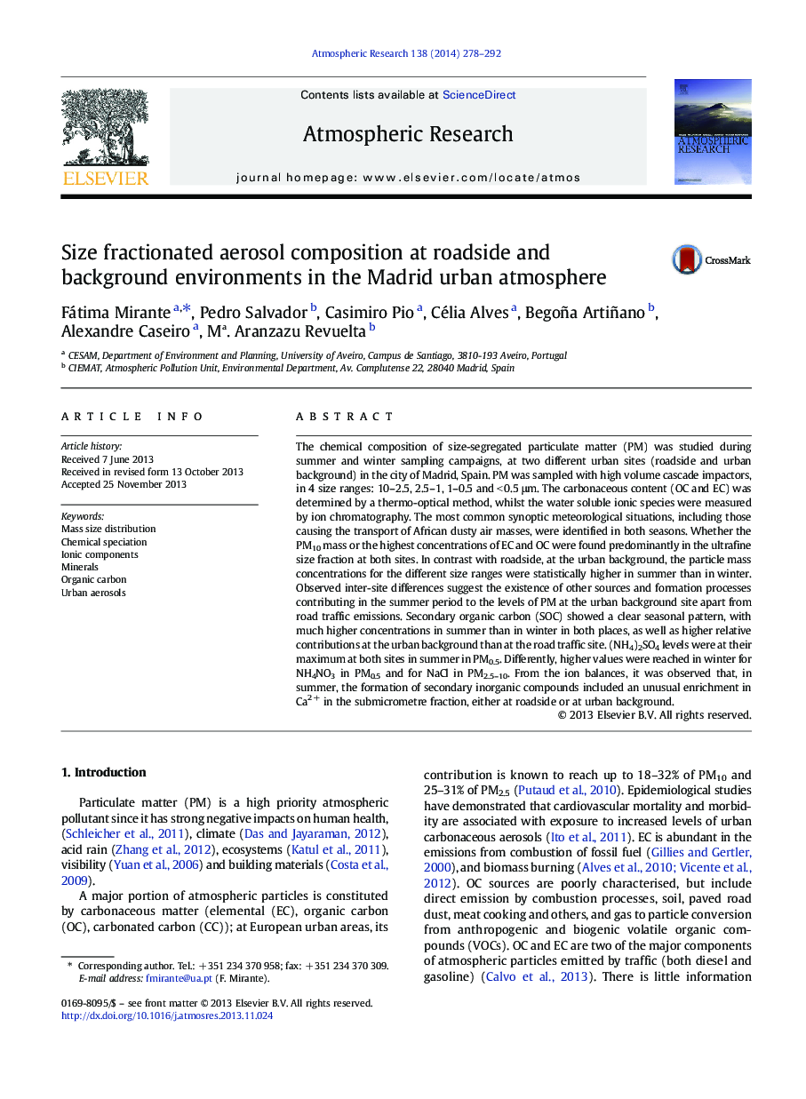 Size fractionated aerosol composition at roadside and background environments in the Madrid urban atmosphere