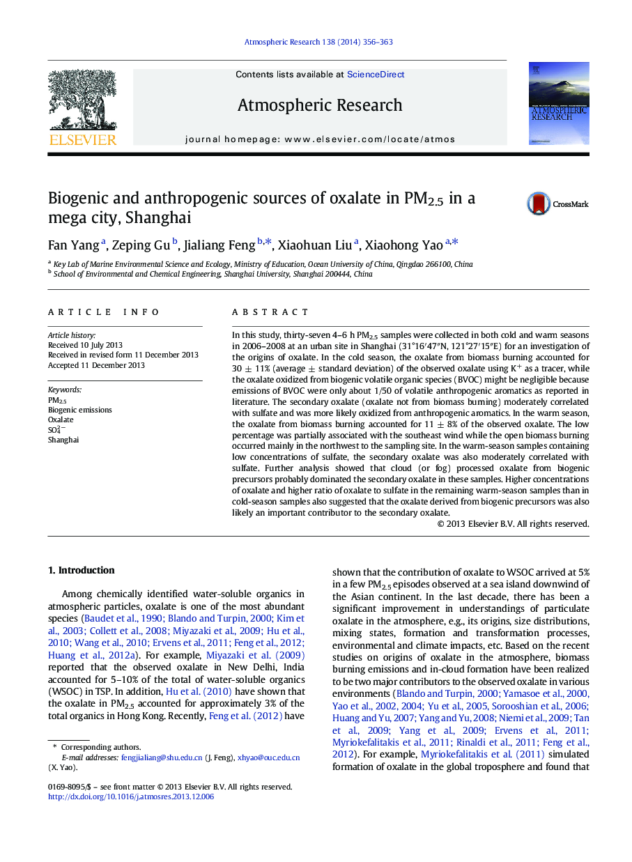 Biogenic and anthropogenic sources of oxalate in PM2.5 in a mega city, Shanghai