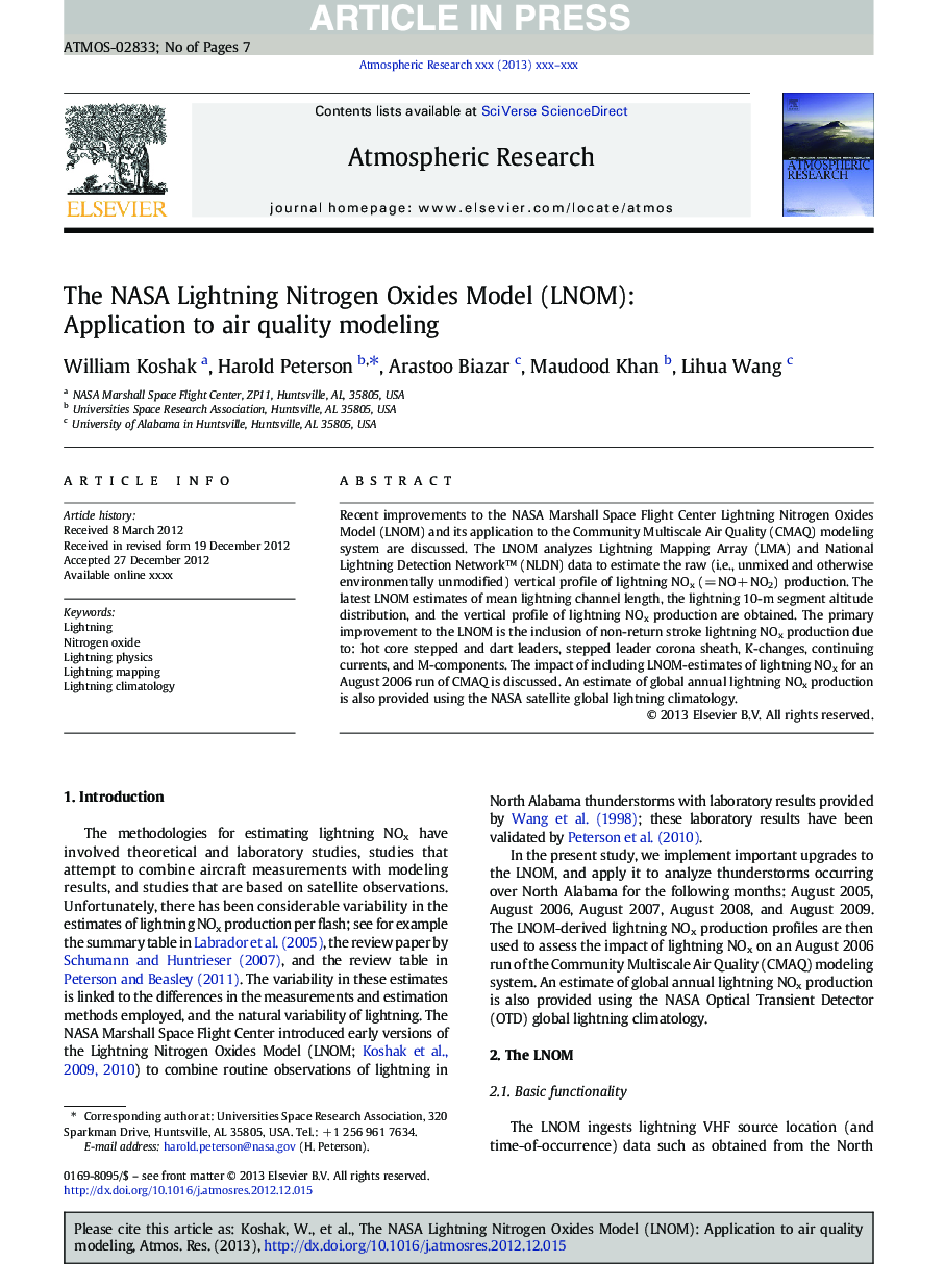 The NASA Lightning Nitrogen Oxides Model (LNOM): Application to air quality modeling