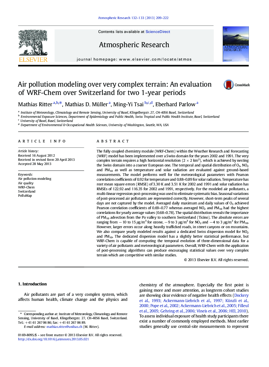 Air pollution modeling over very complex terrain: An evaluation of WRF-Chem over Switzerland for two 1-year periods