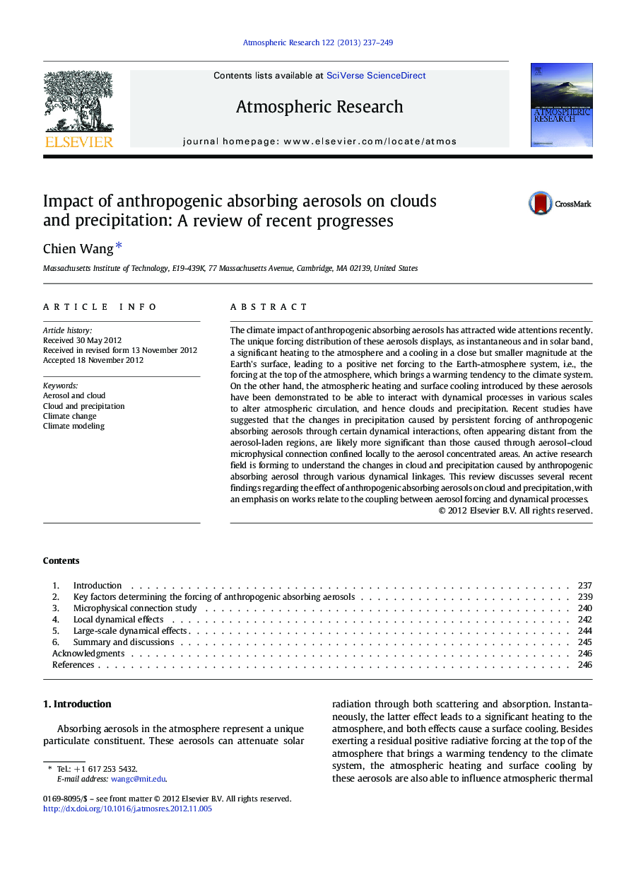 Impact of anthropogenic absorbing aerosols on clouds and precipitation: A review of recent progresses