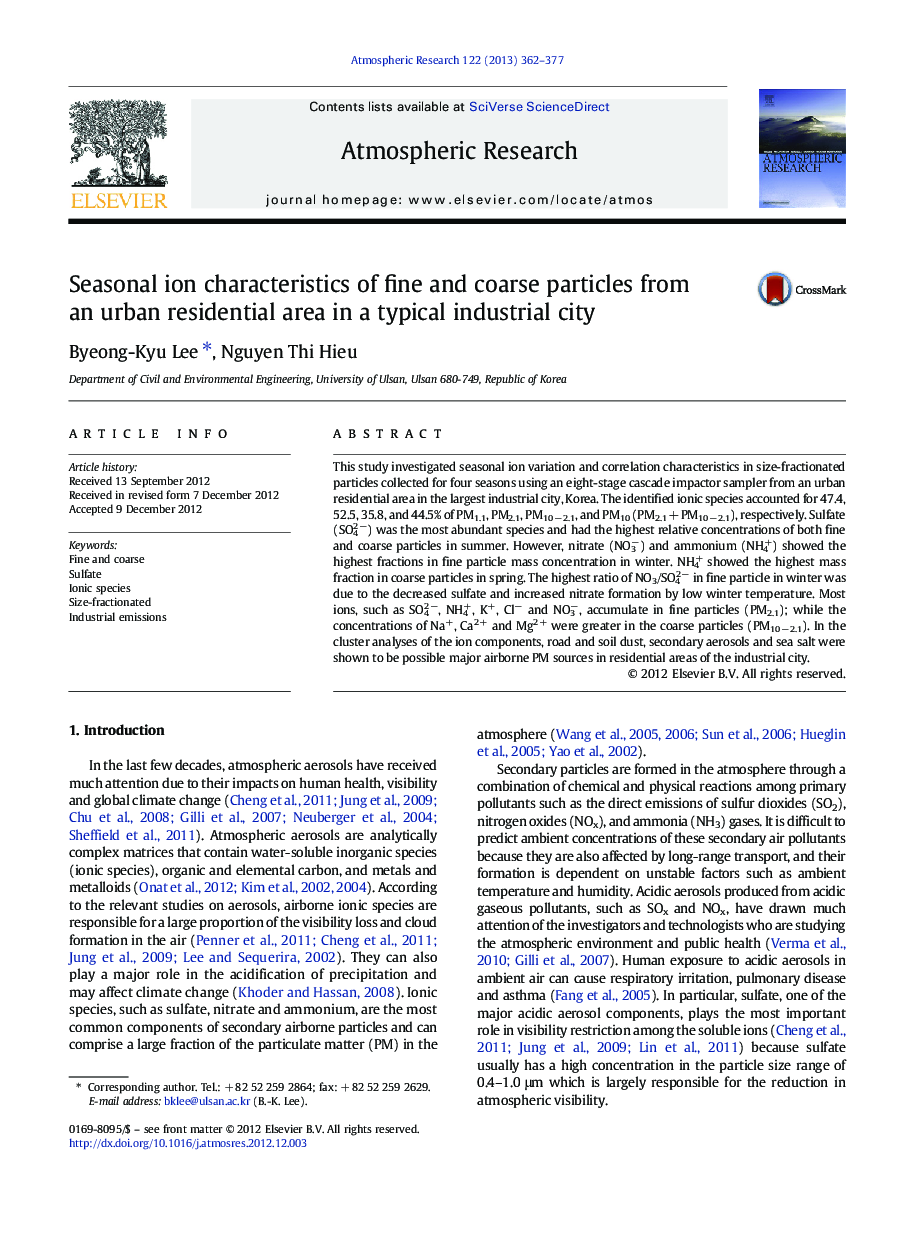 Seasonal ion characteristics of fine and coarse particles from an urban residential area in a typical industrial city