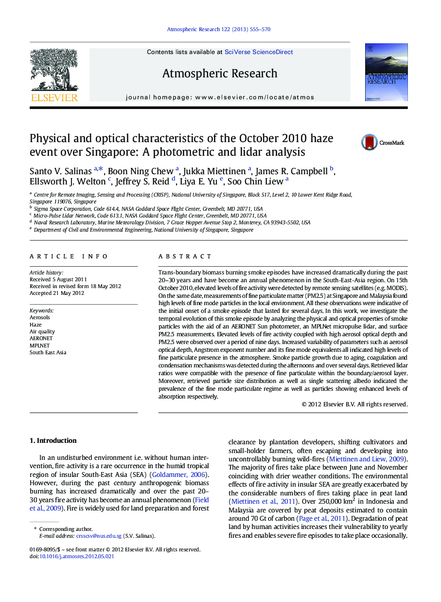 Physical and optical characteristics of the October 2010 haze event over Singapore: A photometric and lidar analysis