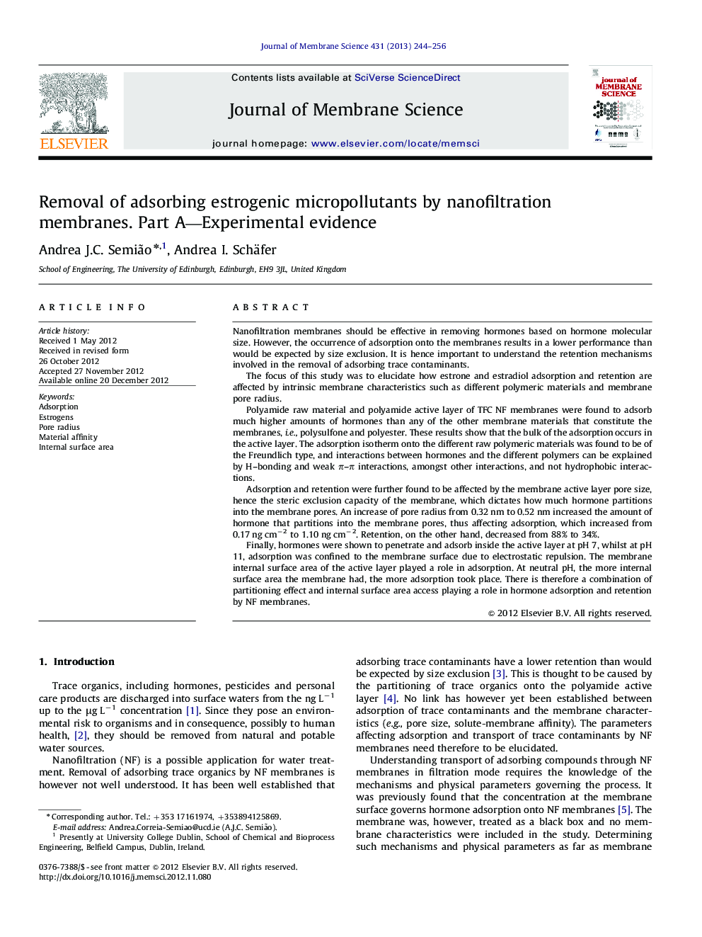 Removal of adsorbing estrogenic micropollutants by nanofiltration membranes. Part A—Experimental evidence