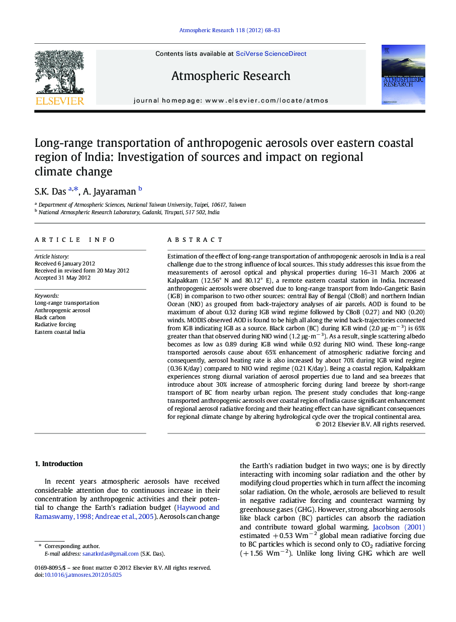 Long-range transportation of anthropogenic aerosols over eastern coastal region of India: Investigation of sources and impact on regional climate change