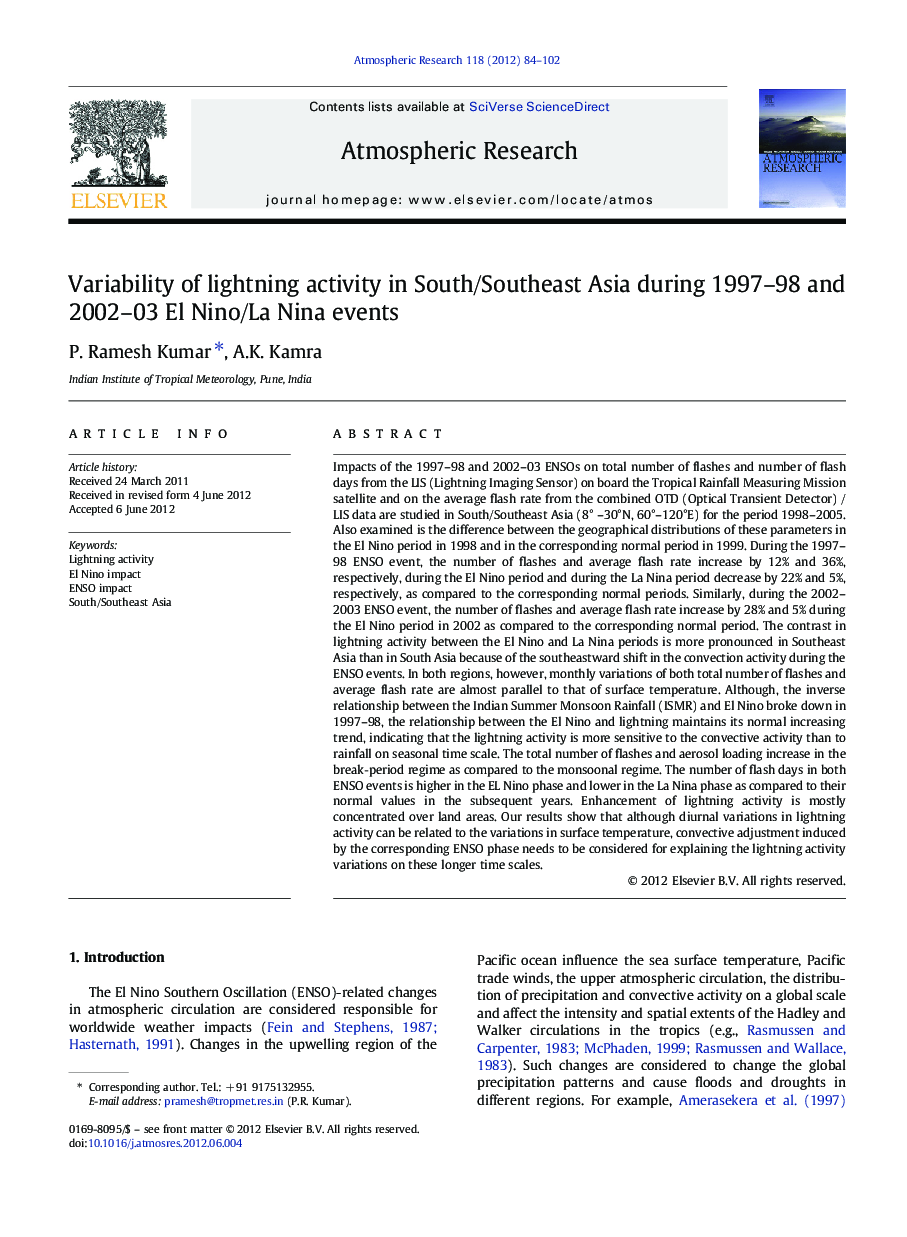 Variability of lightning activity in South/Southeast Asia during 1997-98 and 2002-03 El Nino/La Nina events