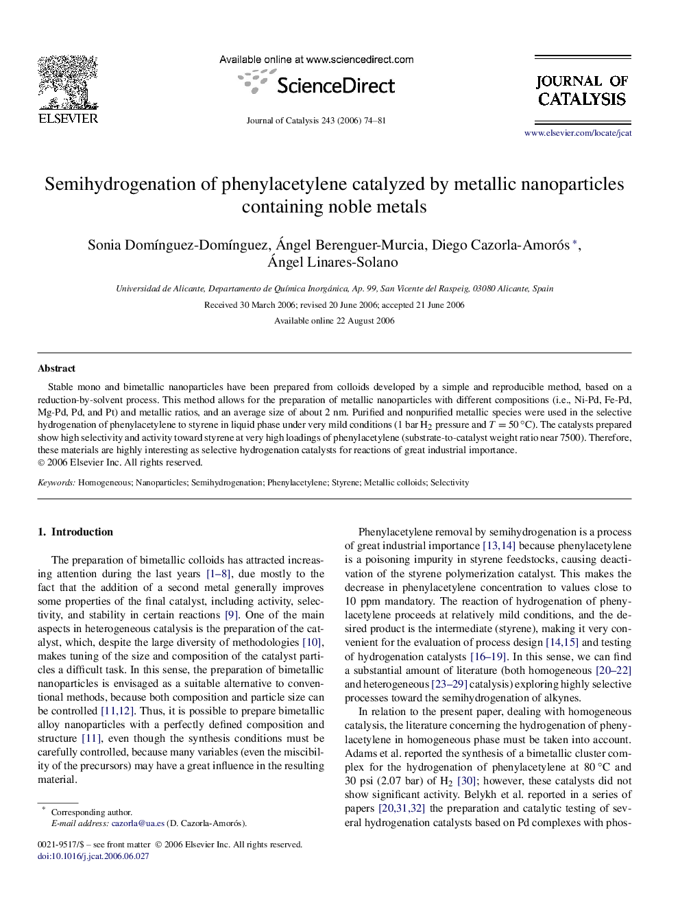 Semihydrogenation of phenylacetylene catalyzed by metallic nanoparticles containing noble metals