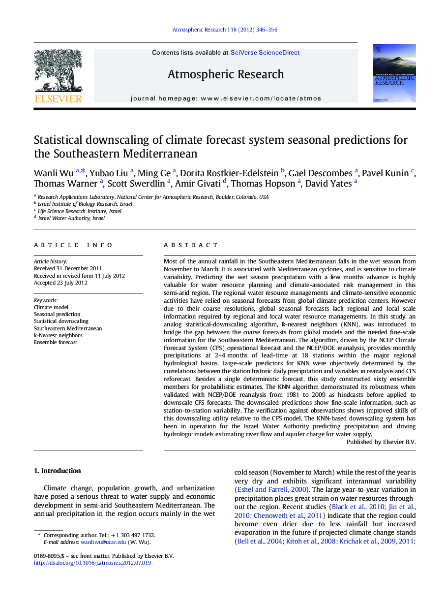 Statistical downscaling of climate forecast system seasonal predictions for the Southeastern Mediterranean