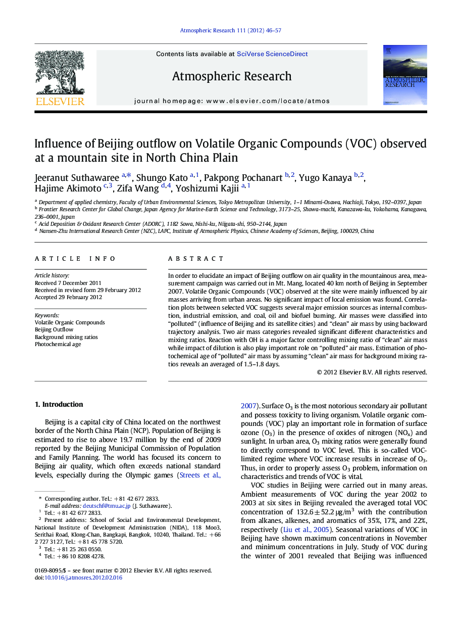 Influence of Beijing outflow on Volatile Organic Compounds (VOC) observed at a mountain site in North China Plain