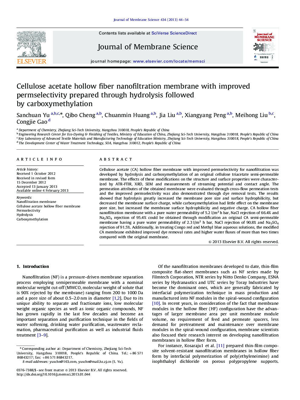 Cellulose acetate hollow fiber nanofiltration membrane with improved permselectivity prepared through hydrolysis followed by carboxymethylation