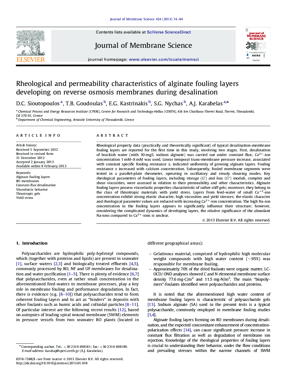 Rheological and permeability characteristics of alginate fouling layers developing on reverse osmosis membranes during desalination