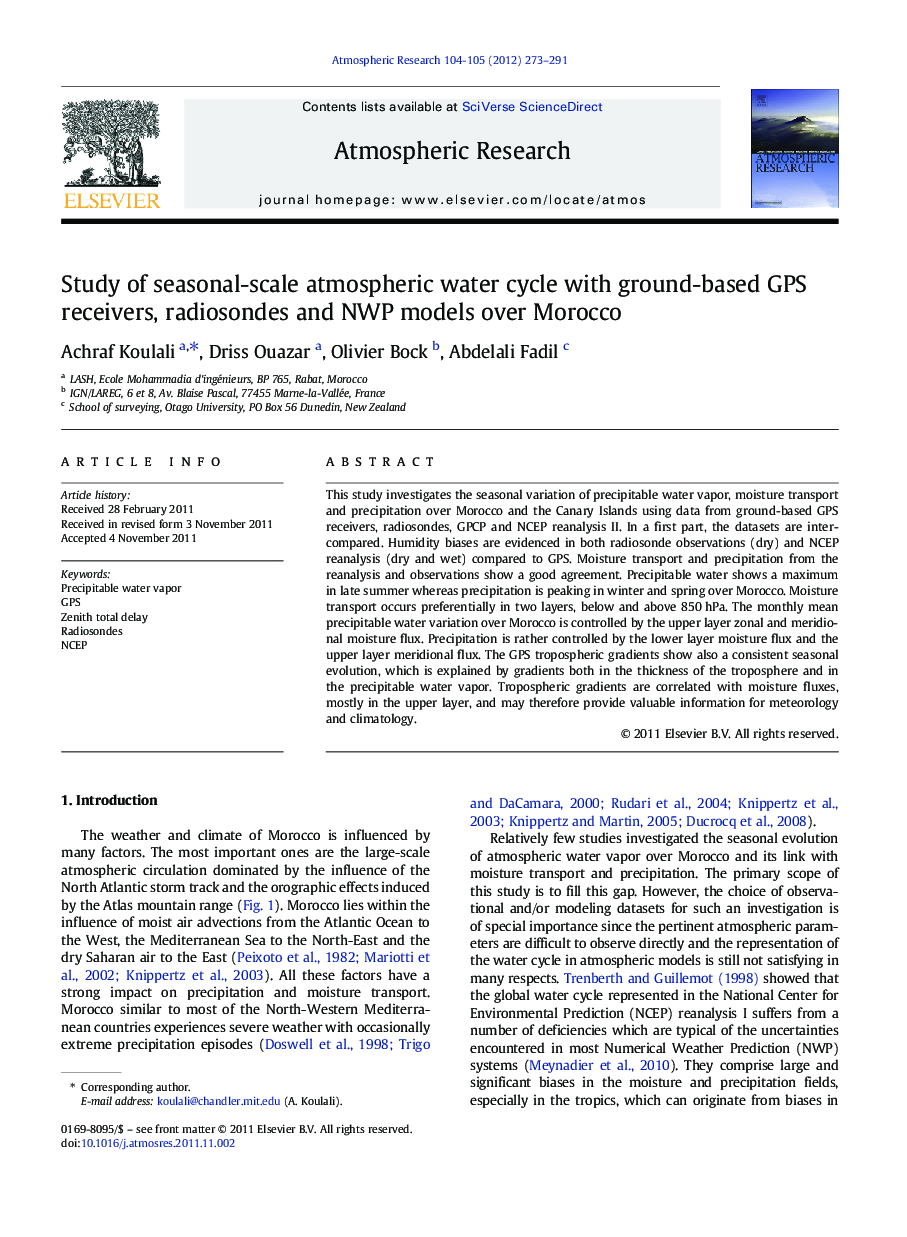 Study of seasonal-scale atmospheric water cycle with ground-based GPS receivers, radiosondes and NWP models over Morocco