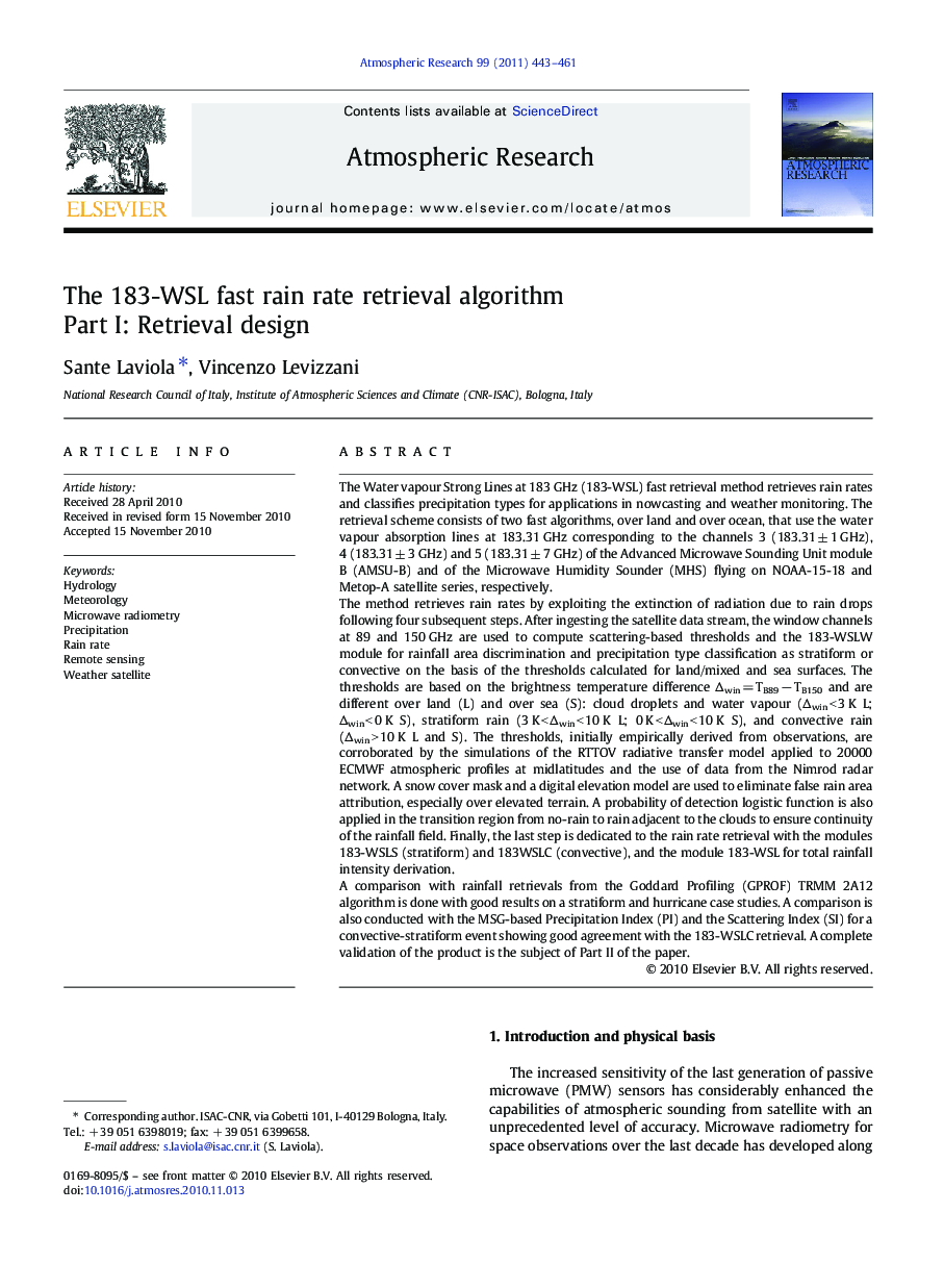 The 183-WSL fast rain rate retrieval algorithm