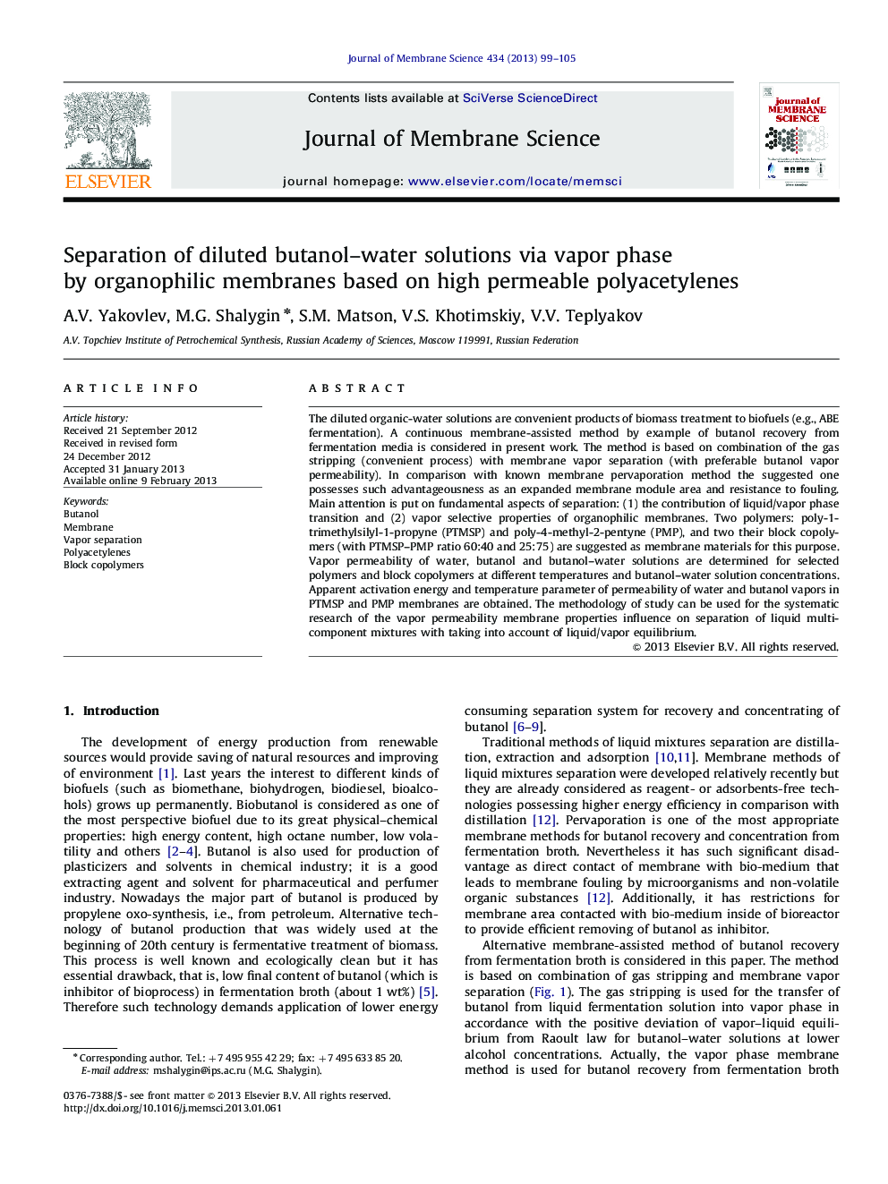 Separation of diluted butanol–water solutions via vapor phase by organophilic membranes based on high permeable polyacetylenes