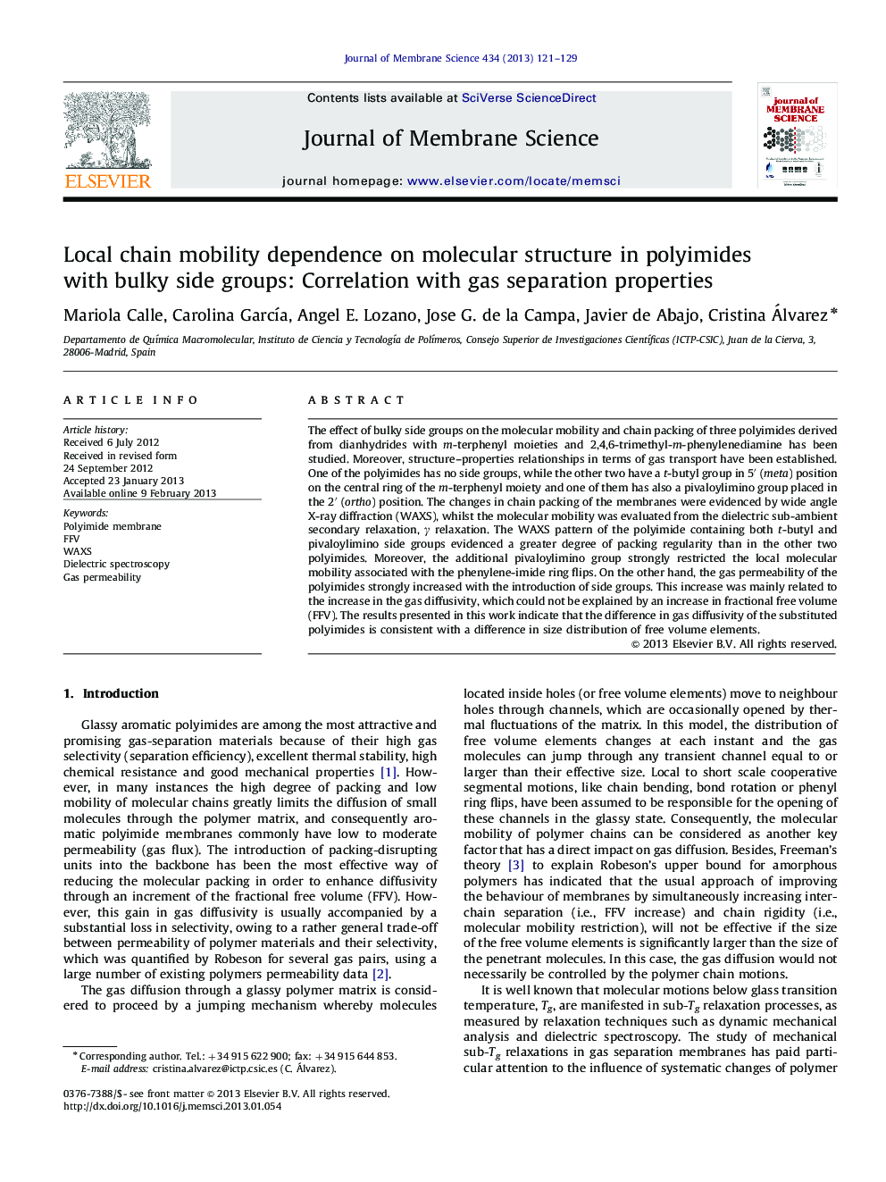 Local chain mobility dependence on molecular structure in polyimides with bulky side groups: Correlation with gas separation properties