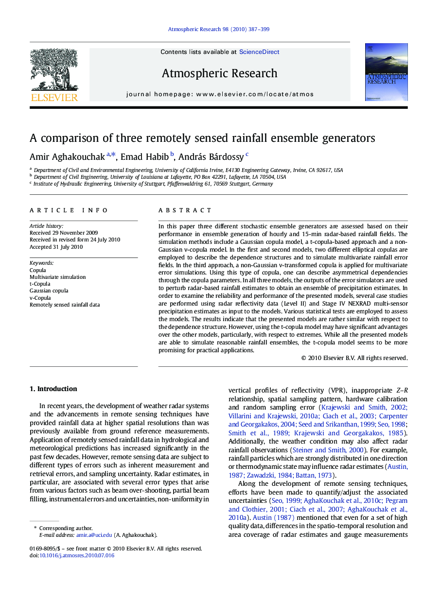 A comparison of three remotely sensed rainfall ensemble generators