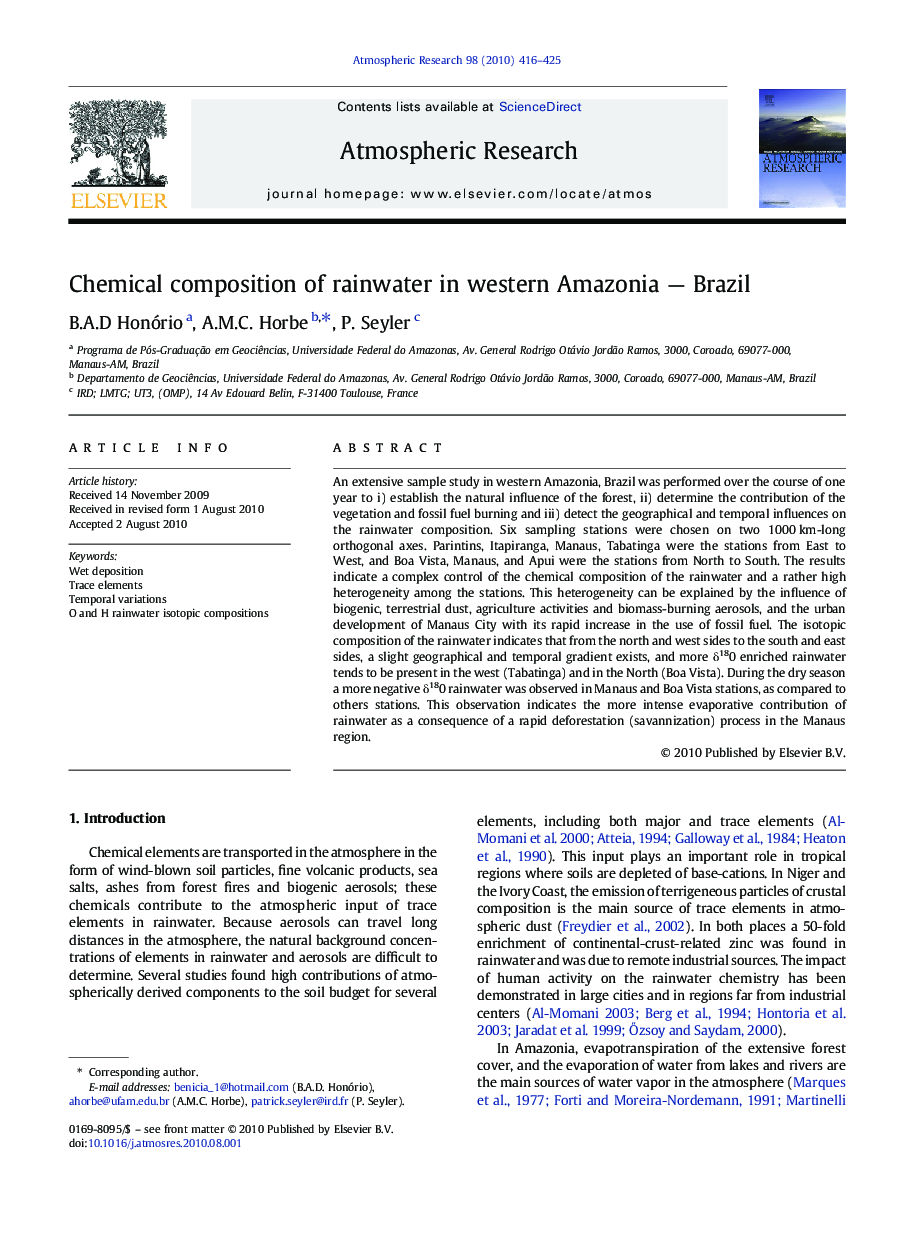 Chemical composition of rainwater in western Amazonia - Brazil