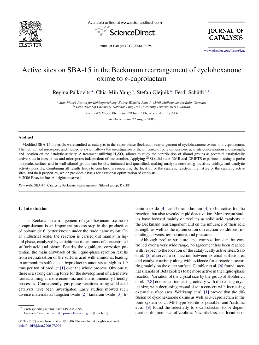 Active sites on SBA-15 in the Beckmann rearrangement of cyclohexanone oxime to ε-caprolactam