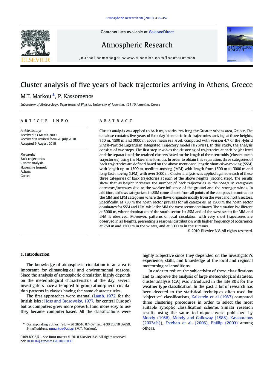 Cluster analysis of five years of back trajectories arriving in Athens, Greece