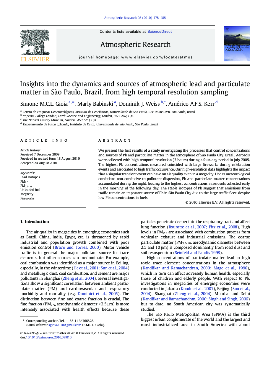 Insights into the dynamics and sources of atmospheric lead and particulate matter in SÃ£o Paulo, Brazil, from high temporal resolution sampling