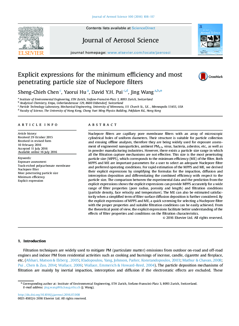 Explicit expressions for the minimum efficiency and most penetrating particle size of Nuclepore filters