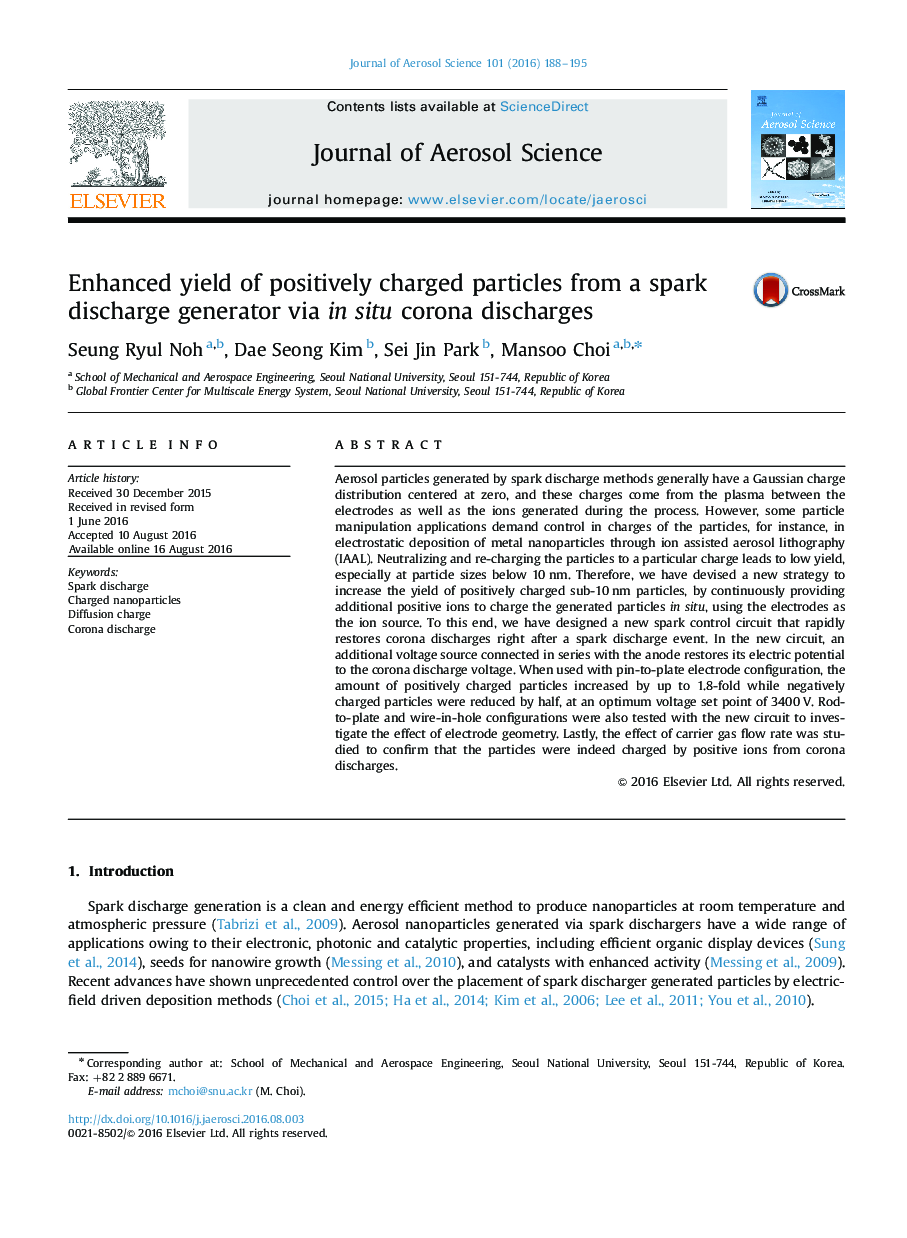 Enhanced yield of positively charged particles from a spark discharge generator via in situ corona discharges