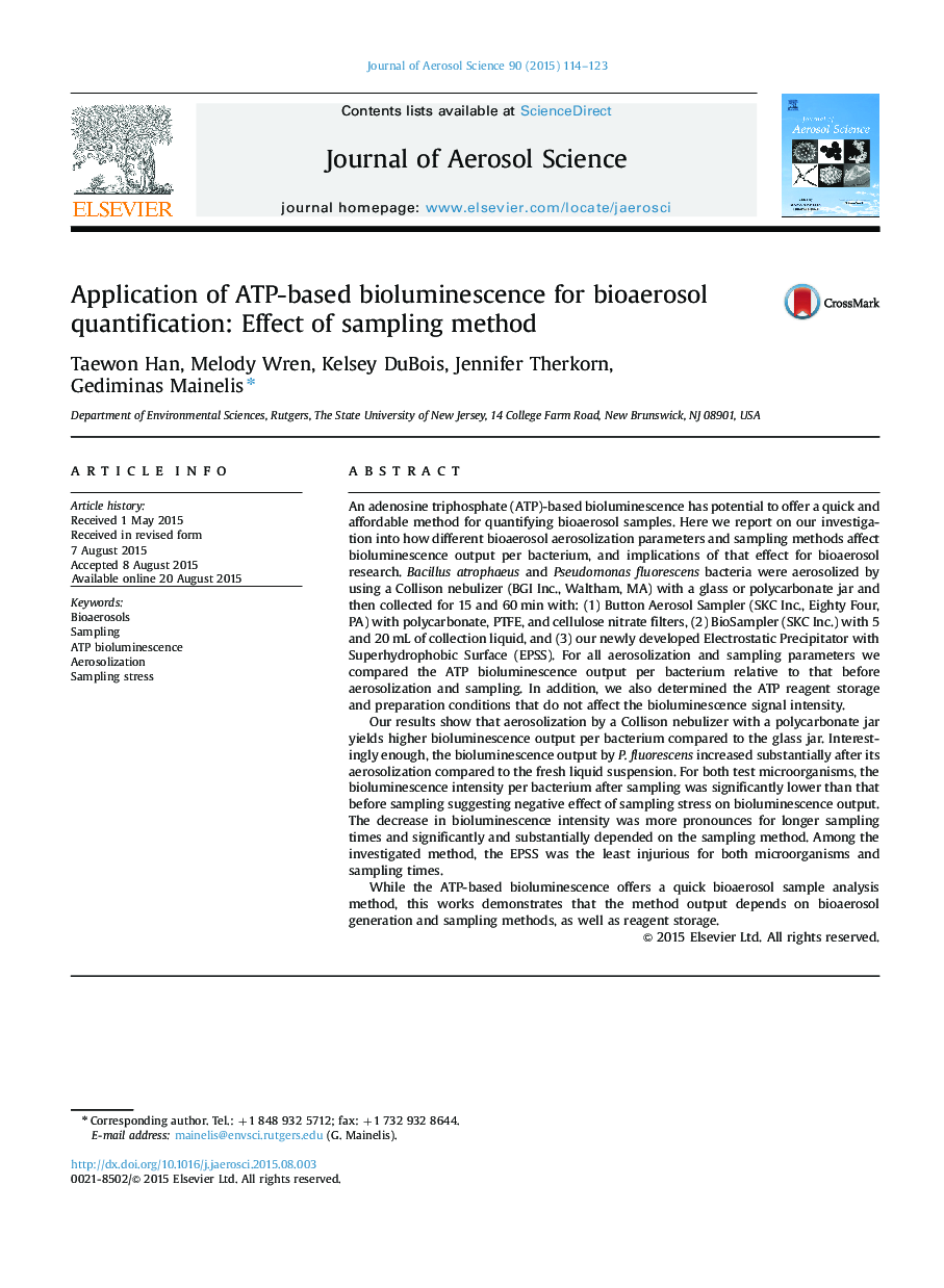 Application of ATP-based bioluminescence for bioaerosol quantification: Effect of sampling method