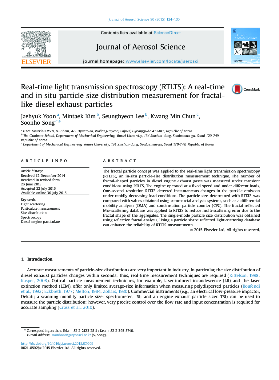 Real-time light transmission spectroscopy (RTLTS): A real-time and in situ particle size distribution measurement for fractal-like diesel exhaust particles