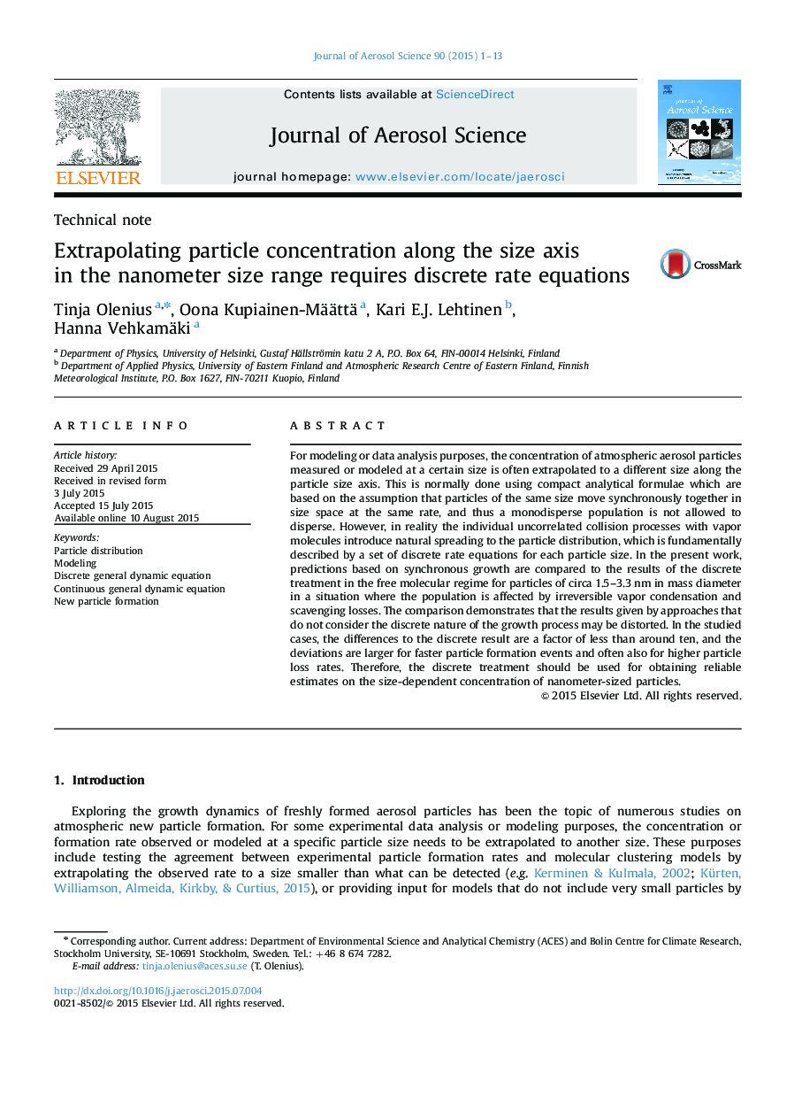 Extrapolating particle concentration along the size axis in the nanometer size range requires discrete rate equations