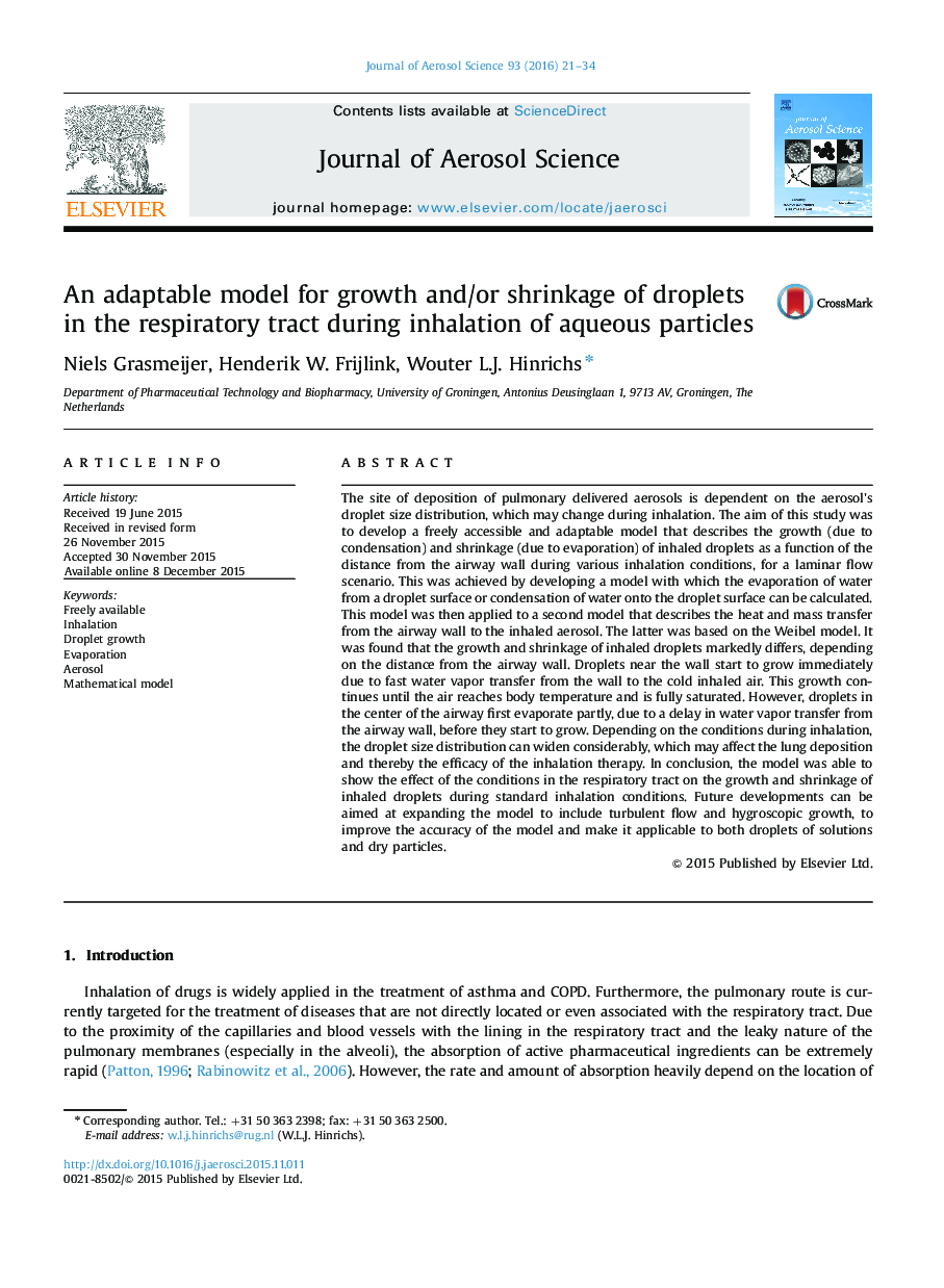 An adaptable model for growth and/or shrinkage of droplets in the respiratory tract during inhalation of aqueous particles