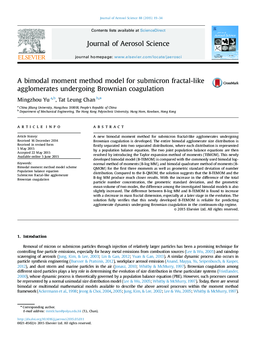 A bimodal moment method model for submicron fractal-like agglomerates undergoing Brownian coagulation