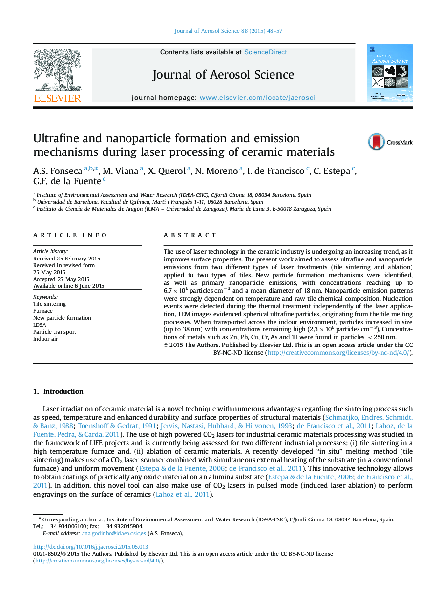 Ultrafine and nanoparticle formation and emission mechanisms during laser processing of ceramic materials