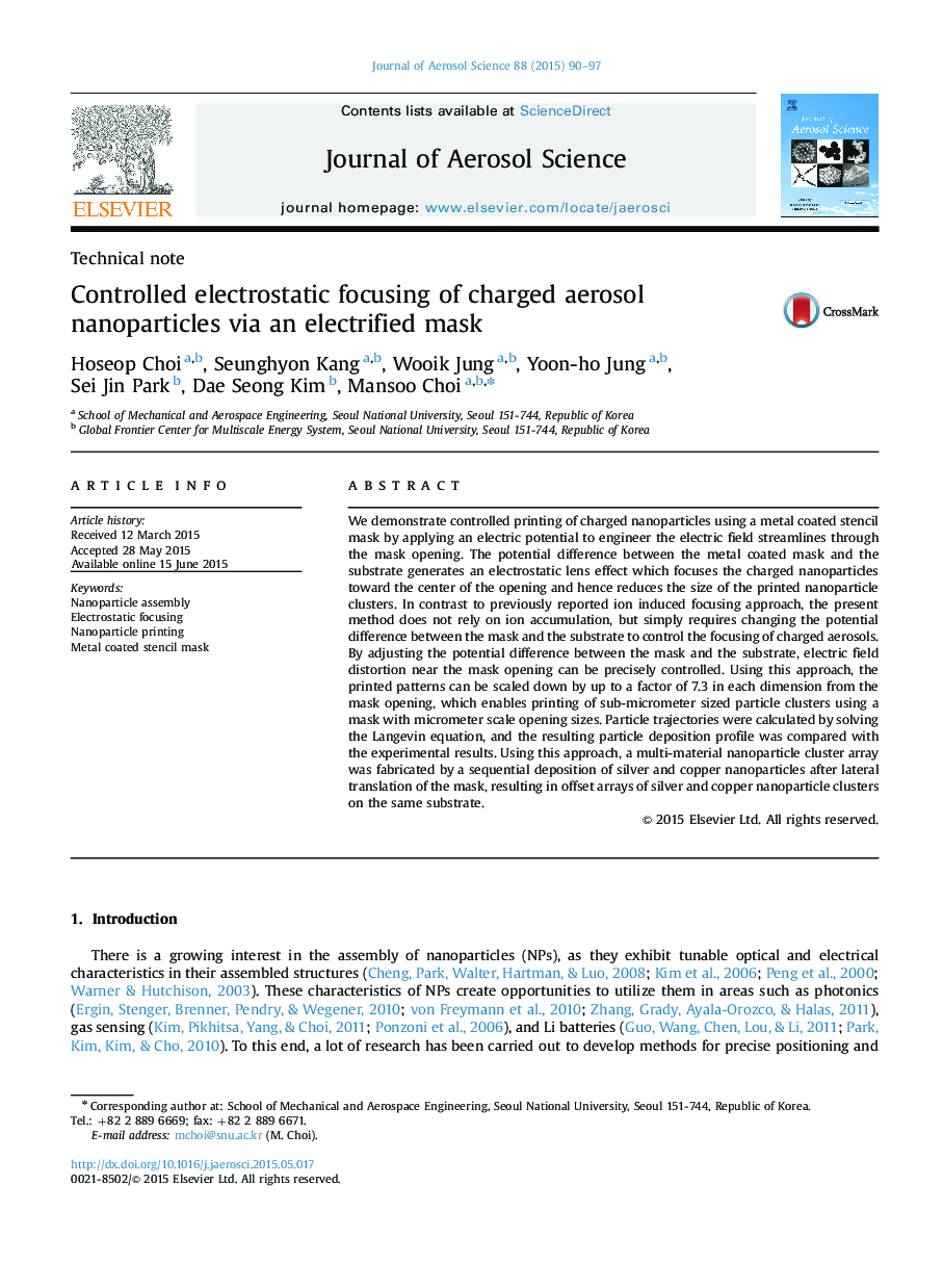 Controlled electrostatic focusing of charged aerosol nanoparticles via an electrified mask