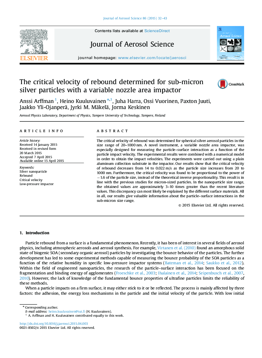 The critical velocity of rebound determined for sub-micron silver particles with a variable nozzle area impactor