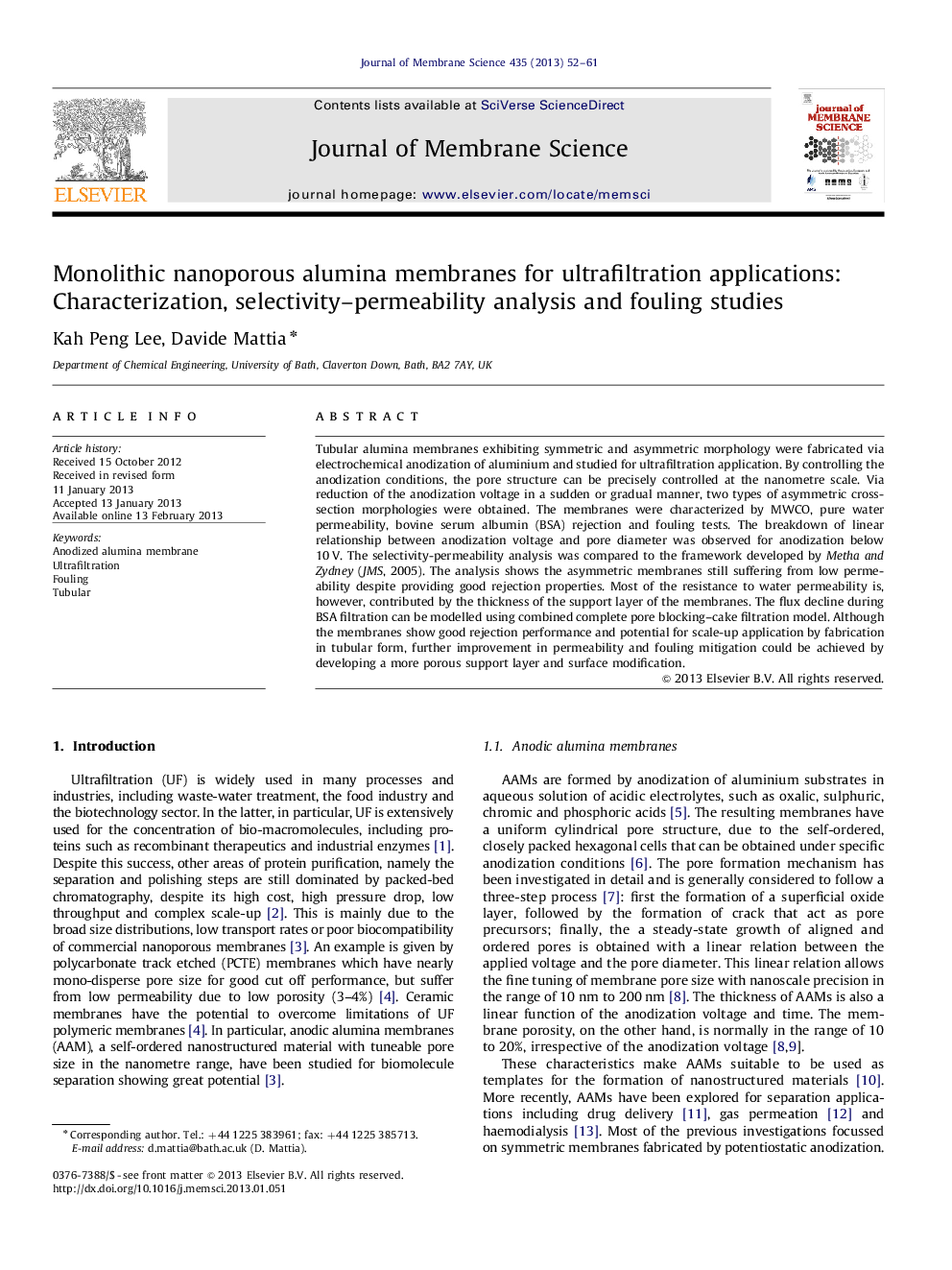 Monolithic nanoporous alumina membranes for ultrafiltration applications: Characterization, selectivity–permeability analysis and fouling studies