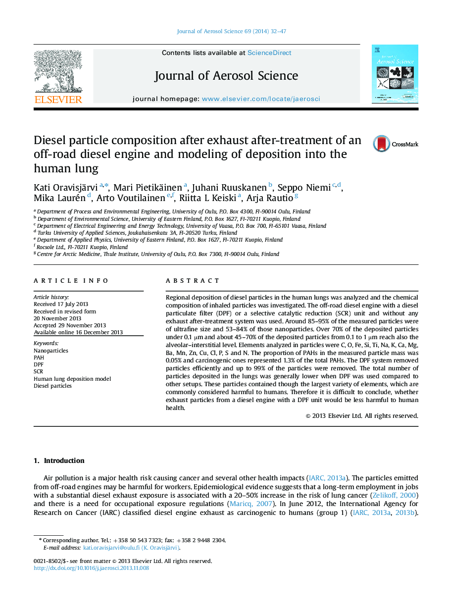 Diesel particle composition after exhaust after-treatment of an off-road diesel engine and modeling of deposition into the human lung